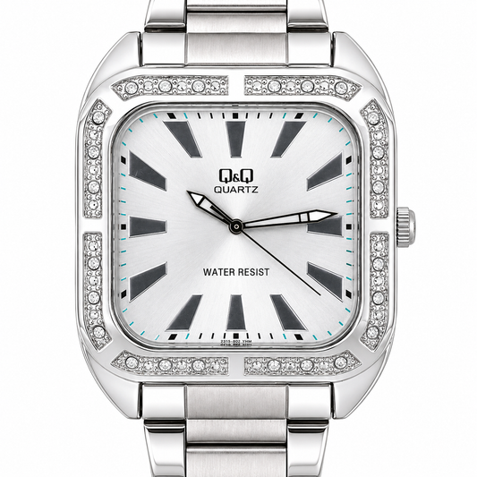 Q&Q – Orologio Donna Cassa Rettangolare Argento Bezel Pavé Cristalli Bracciale Acciaio Water Resist