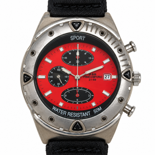 Orologio M&M Primo Emporio 21-68 con quadrante rosso, cassa argento e cinturino nero