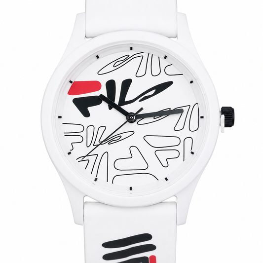 FILA Orologio Unisex – All-Over Logo Print Quadrante Bianco Cassa e Cinturino Bianchi