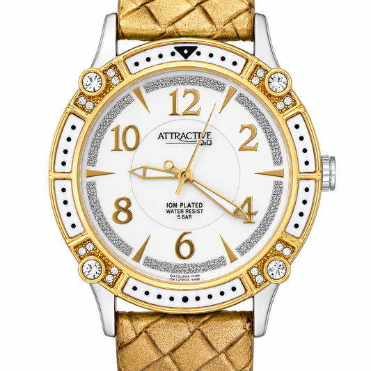 Q&Q Attractive – Orologio Donna Bezel Bianco Smaltato Cristalli Quadrante Glitter Cinturino Trapuntato Oro 5 Bar