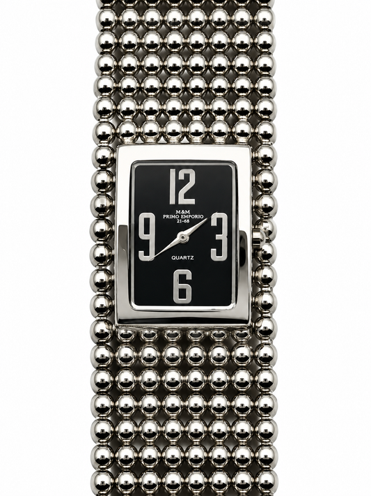 Orologio M&M Primo Emporio 21-68 argentato con quadrante nero e bracciale a sfere