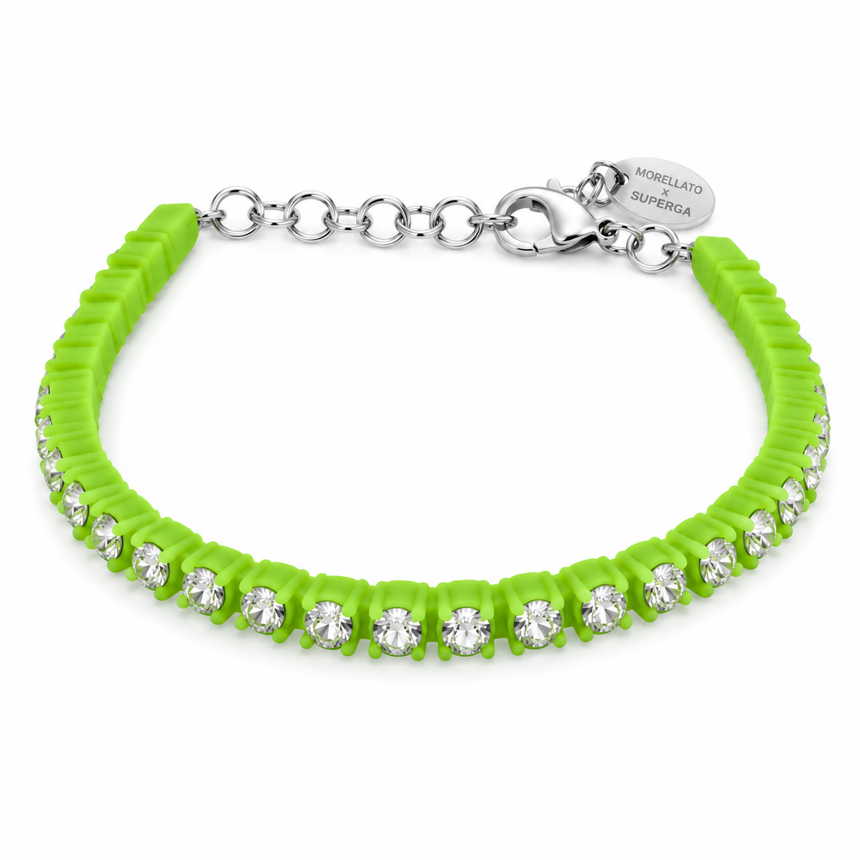 Morellato x Superga – Bracciale Tennis Silicone Verde Lime con Cristalli e Chiusura Moschettone