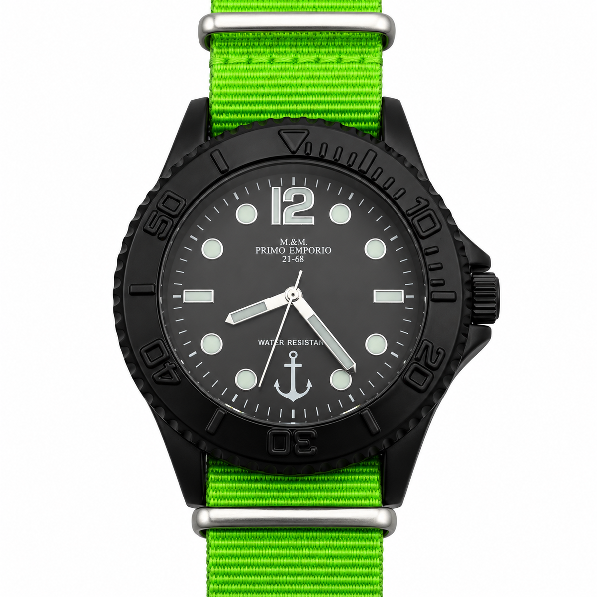 Orologio uomo M&M Primo Emporio nero con ancora e cinturino verde fluo in tessuto