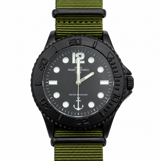 Orologio M&M Primo Emporio nero con ancora e cinturino in tessuto verde oliva