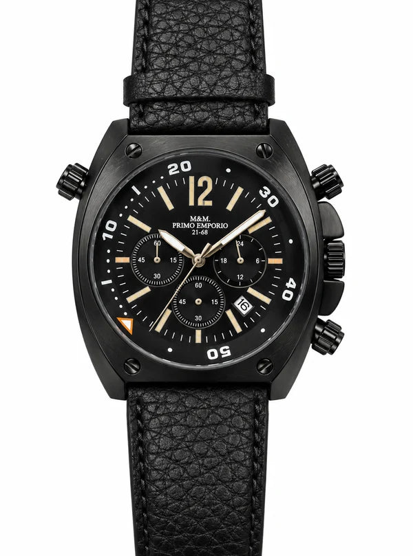 M&M Primo Emporio 21-68 – Orologio Uomo Cronografo Black PVD, Total Black o Pelle Marrone