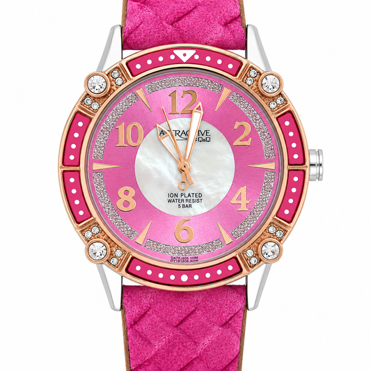 Q&Q Attractive – Orologio Donna Rosa Fucsia Ion Plated Madreperla 5 Bar