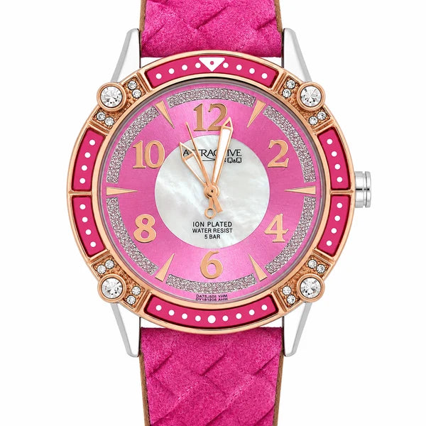 Q&Q Attractive DA75 – Orologio Donna Ion Plated Bezel Smaltato Cristalli Madreperla 5 Bar | Turchese, Bronzo, Gold, Rosa o Rosa Scuro