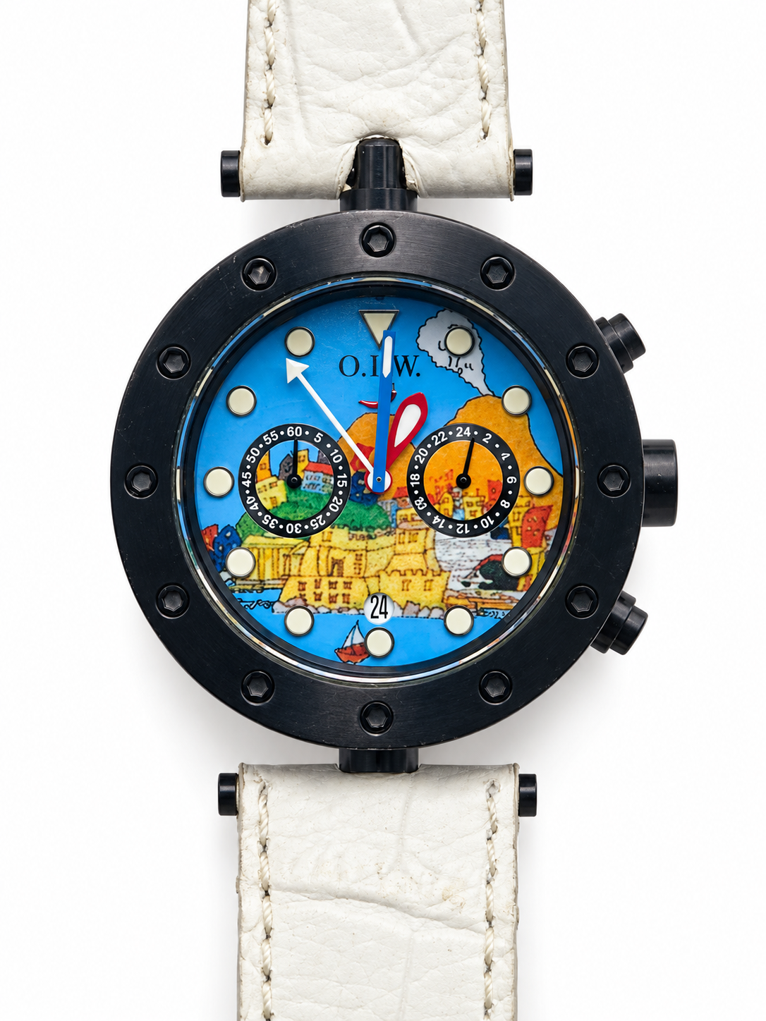 Orologio O.I.W. con quadrante illustrato multicolore, cassa nera e cinturino bianco