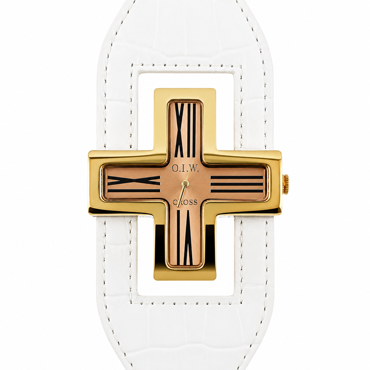 O.I.W. Cross Gold - Orologio Donna Cassa a Croce Gold Quadrante Rose Gold Cinturino Pelle Bianco