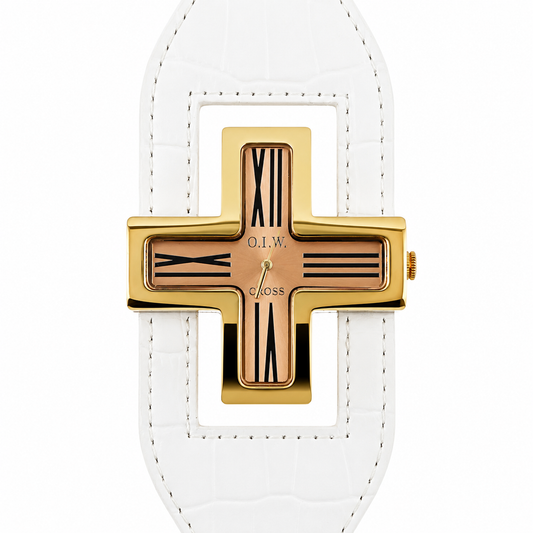 O.I.W. Cross Gold - Orologio Donna Cassa a Croce Gold Quadrante Rose Gold Cinturino Pelle Bianco