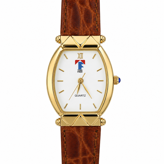 Time Free – Orologio Unisex Tonneau Gold White Dial Quartz Cinturino Cognac