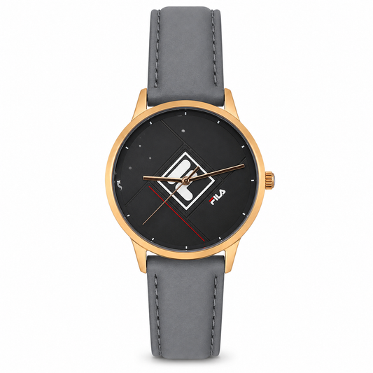 FILA Heritage Watch – Quadrante Nero, Cassa Gold e Cinturino in Pelle Grigia