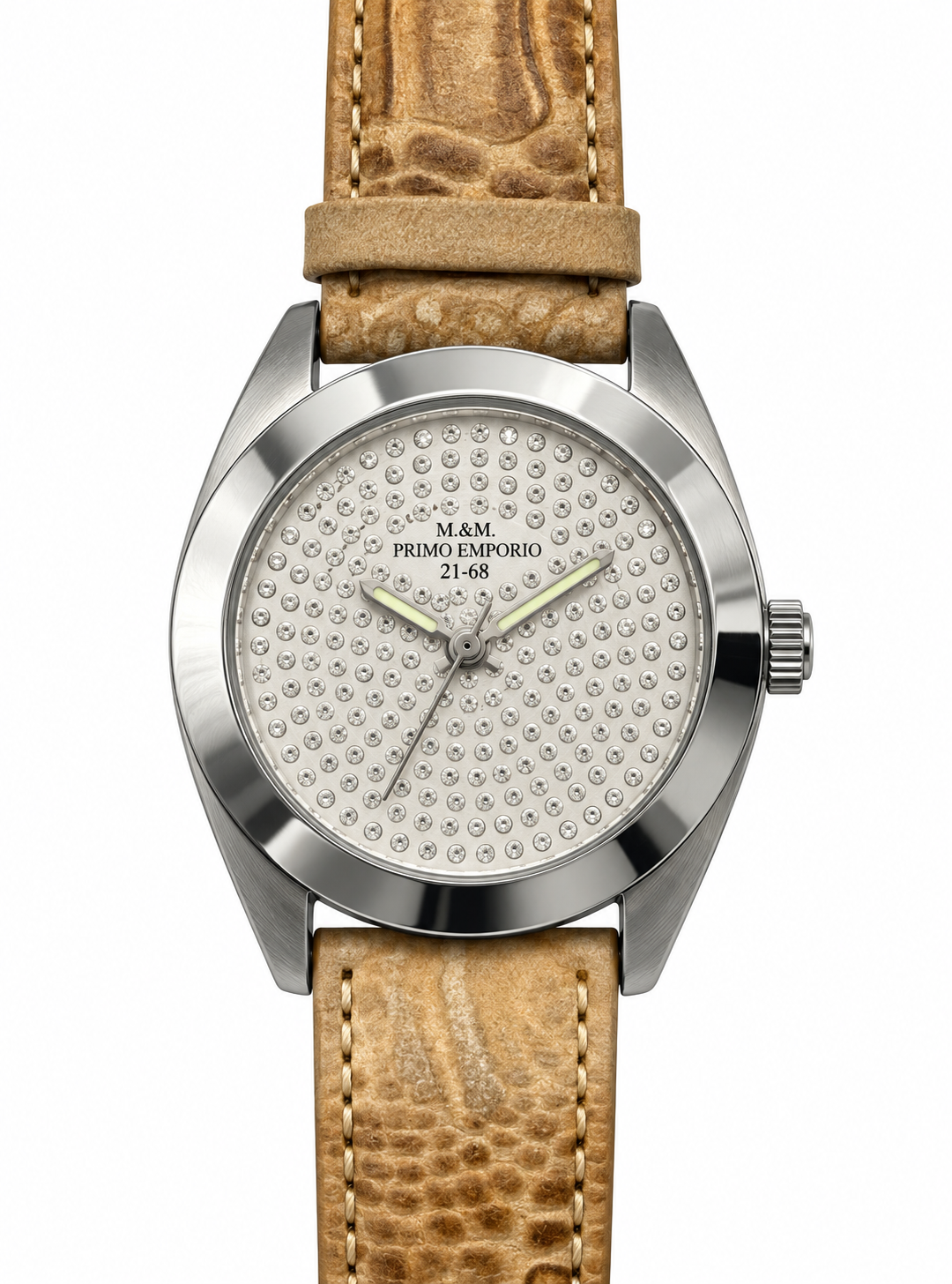 Orologio donna M&M Primo Emporio 21-68 quadrante full pavé cristalli incastonati cassa acciaio lucido cinturino pelle struzzo sabbia