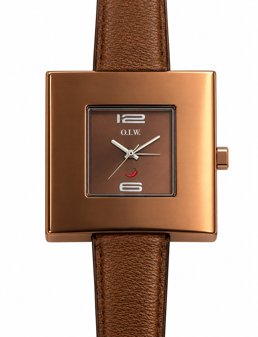 Orologio O.I.W. quadrato ramato con quadrante marrone e cinturino cognac