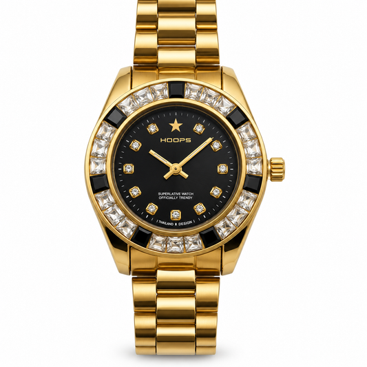 Orologio HOOPS color oro con quadrante nero e cornice di strass geometrici