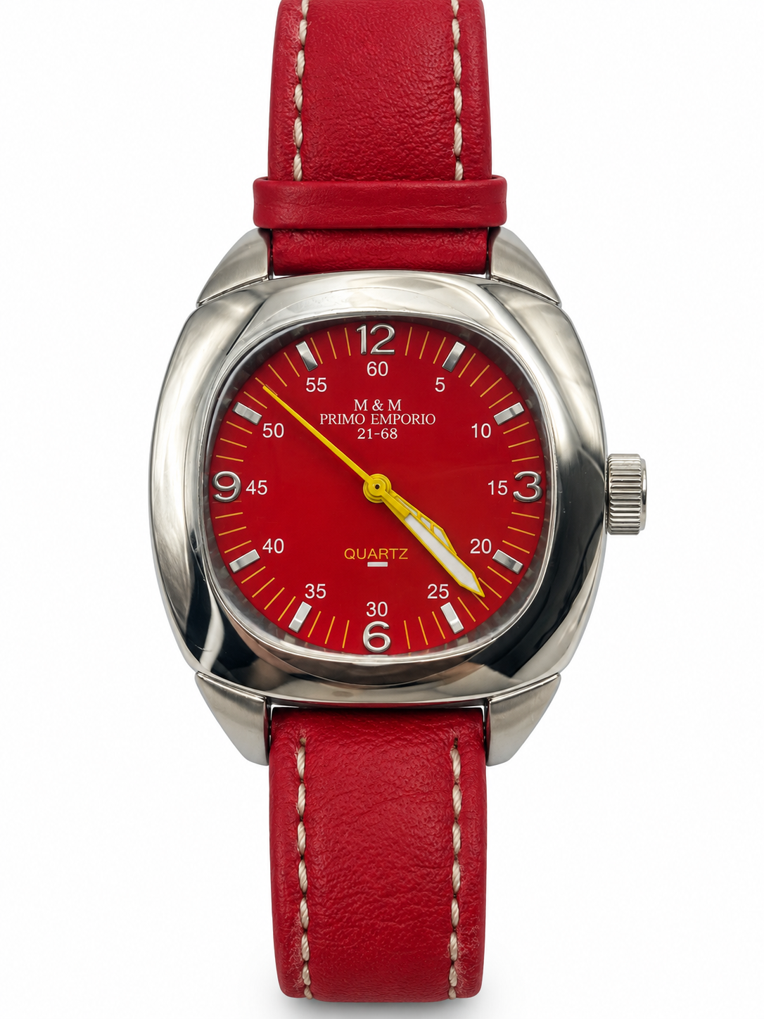 Orologio M&M Primo Emporio rosso con cassa sagomata e dettagli gialli
