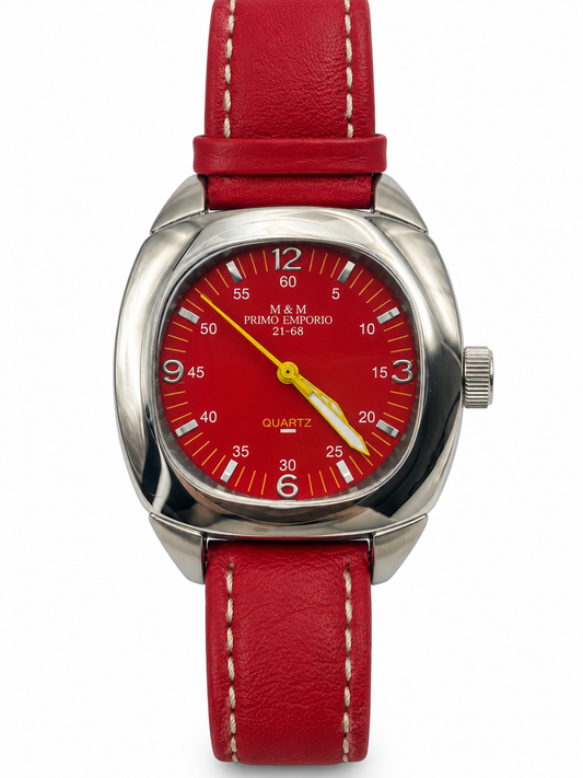 Orologio M&M Primo Emporio rosso con cassa sagomata e dettagli gialli