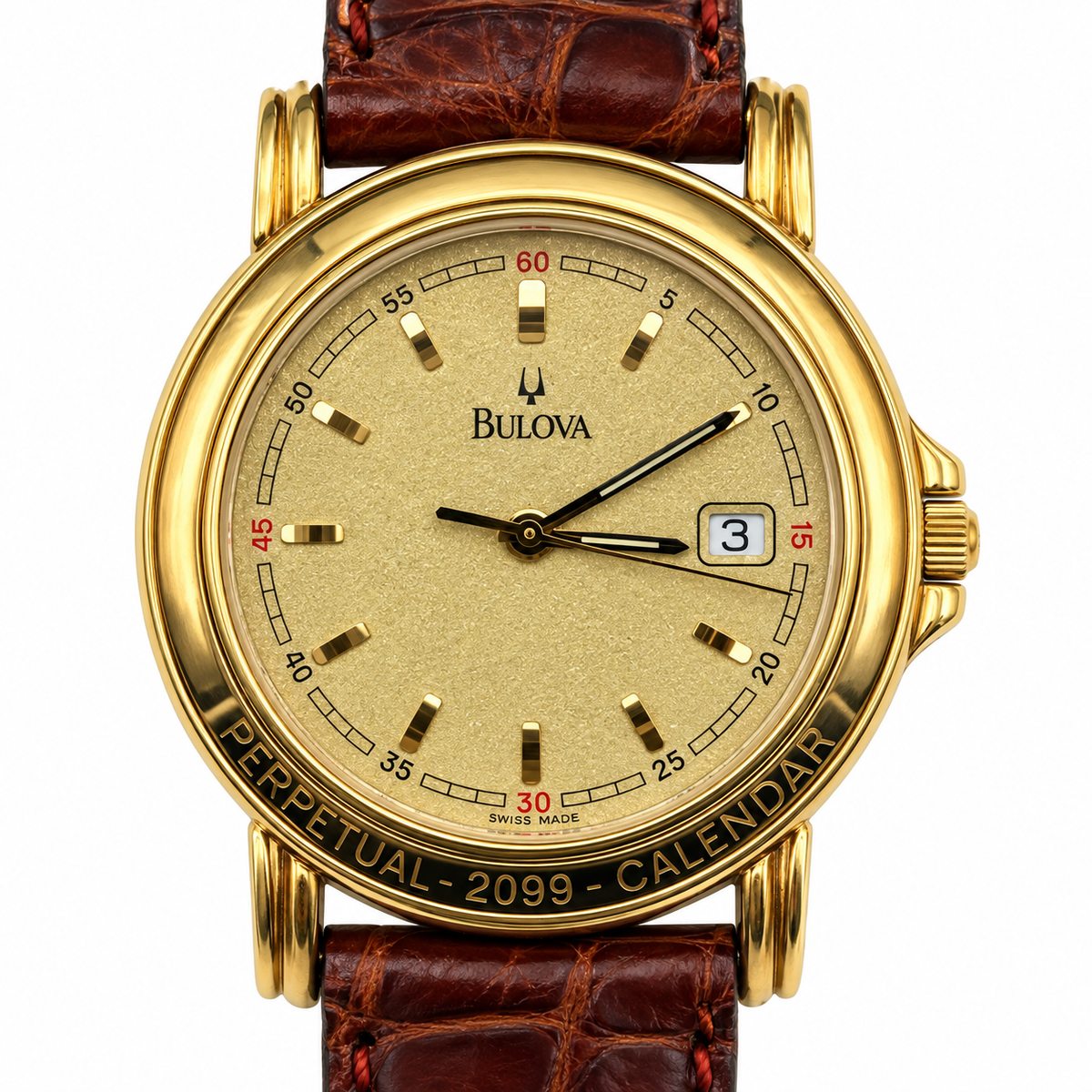 Orologio Bulova Perpetual Calendar 2099 con quadrante champagne, cassa color oro e cinturino marrone, vista frontale