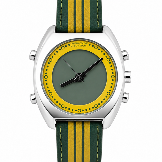 United Colors of Benetton Retro Watch – Cassa Silver, Quadrante Verde/Giallo e Cinturino a Righe