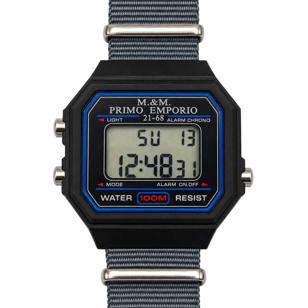 Orologio digitale M&M Primo Emporio 21-68 nero con cinturino grigio in tessuto e dettagli blu, vista frontale