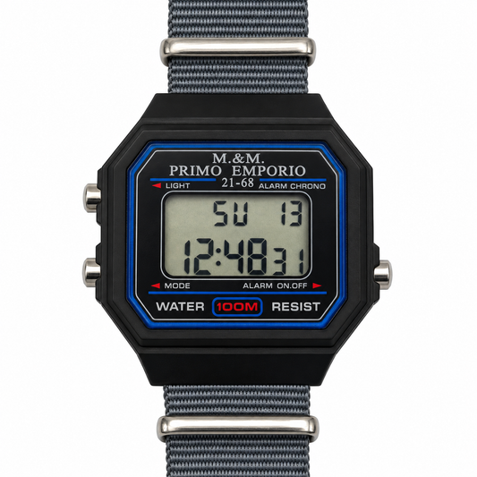 Orologio digitale M&M Primo Emporio 21-68 nero con cinturino grigio in tessuto e dettagli blu, vista frontale