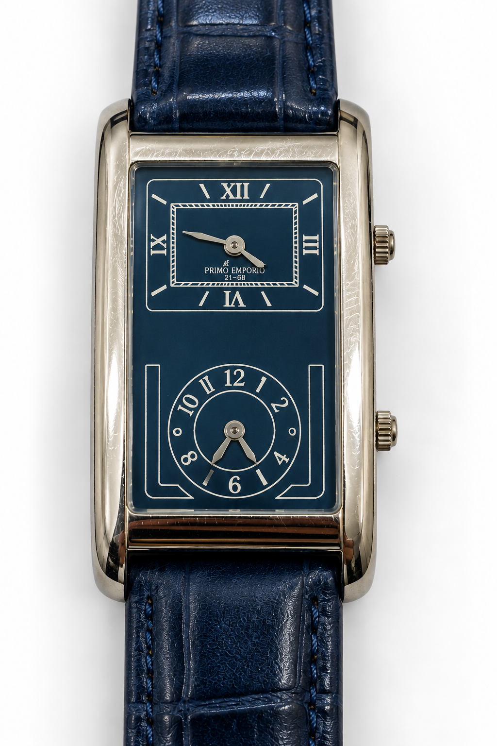 M.&M. Primo Emporio 21-68 – Orologio Dual Time Cassa Rettangolare Acciaio Cinturino Pelle | Blu o Nero