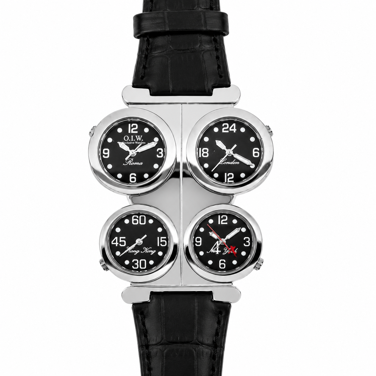 O.I.W. Exclusive Watches orologio con 4 quadranti neri fusi orari Roma London Hong Kong New York cinturino pelle coccodrillo nera