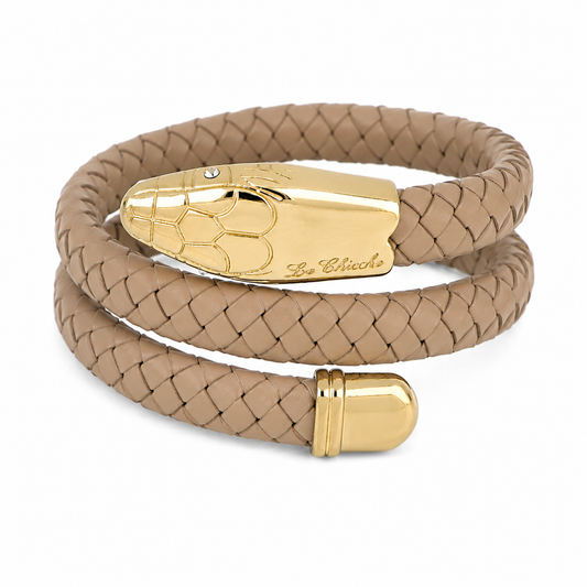 Le Chicche – Bracciale Serpente Cuoio Intrecciato Tortora con Testa in Oro e Cristallo