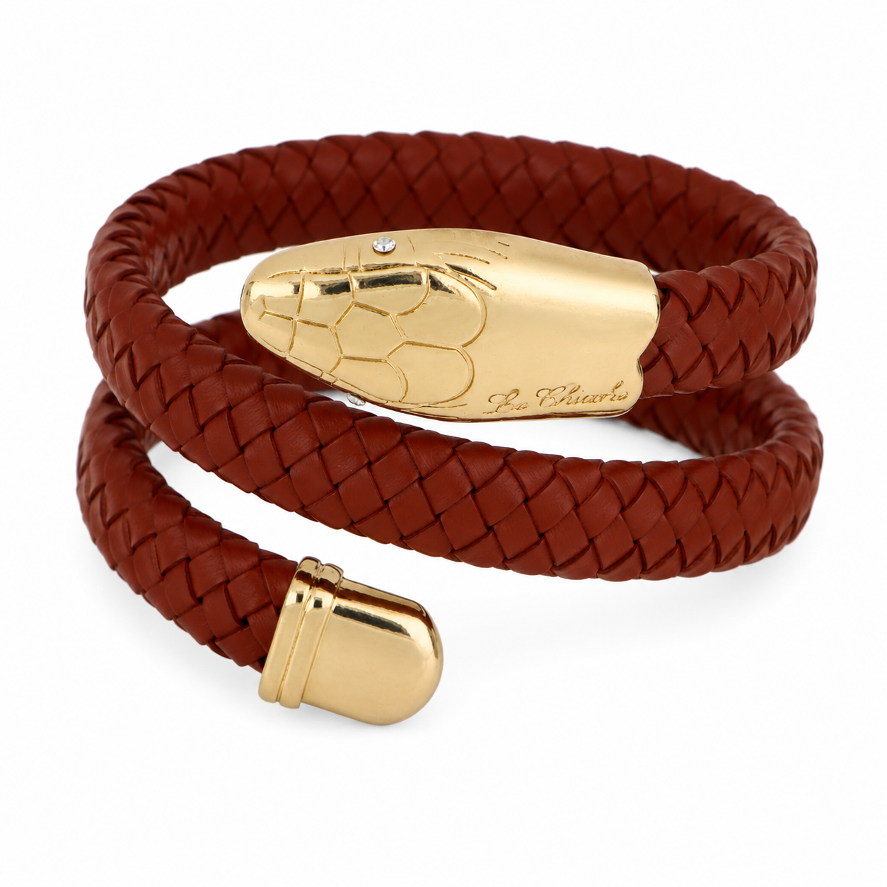 Le Chicche – Bracciale Serpente Cuoio Intrecciato Borgogna con Testa in Oro e Cristallo