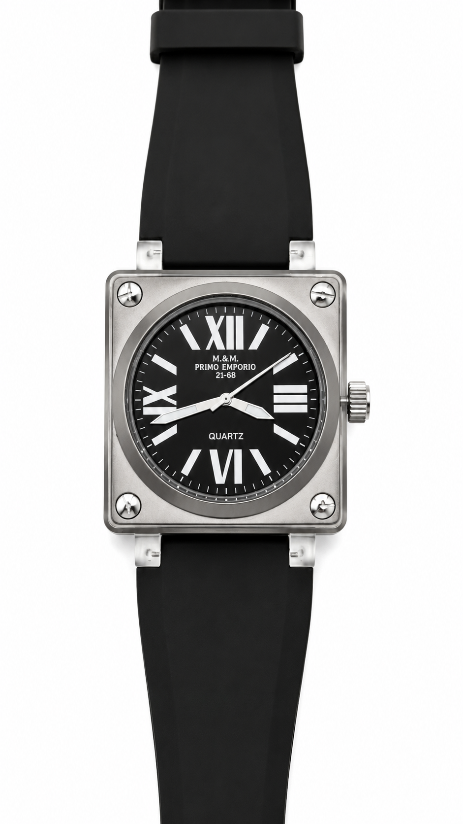 M&M Primo Emporio Quarzo 21-68 – Cassa Quadrata Aviation Quadrante Nero Romani Cinturino Silicone