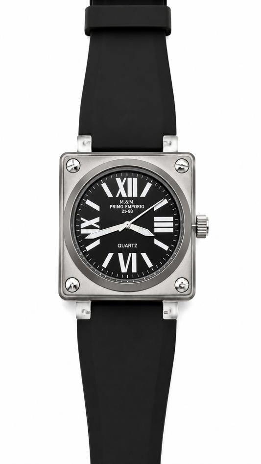 M&M Primo Emporio Quarzo 21-68 – Cassa Quadrata Aviation Quadrante Nero Romani Cinturino Silicone