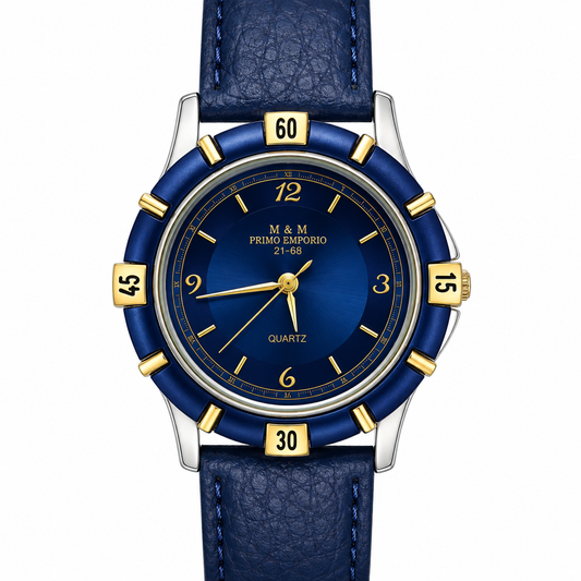 M.&M. Primo Emporio 21-68 – Orologio Uomo Quadrante Blu Navy Bezel Segmentato Dettagli Oro