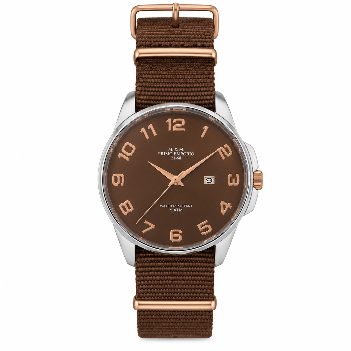 M.&M. Primo Emporio 21-68 orologio uomo quadrante marrone cinturino NATO rose gold 5 ATM