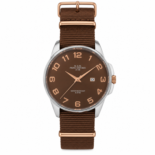 M.&M. Primo Emporio 21-68 orologio uomo quadrante marrone cinturino NATO rose gold 5 ATM