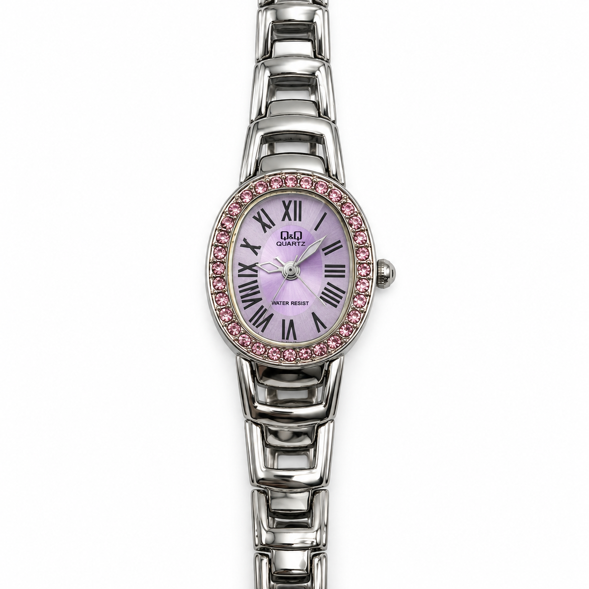 Orologio Donna Q&Q Ovale con Quadrante Lilla, Cornice Rosa e Bracciale Argentato