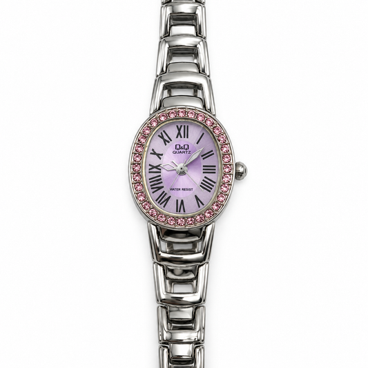 Orologio Donna Q&Q Ovale con Quadrante Lilla, Cornice Rosa e Bracciale Argentato