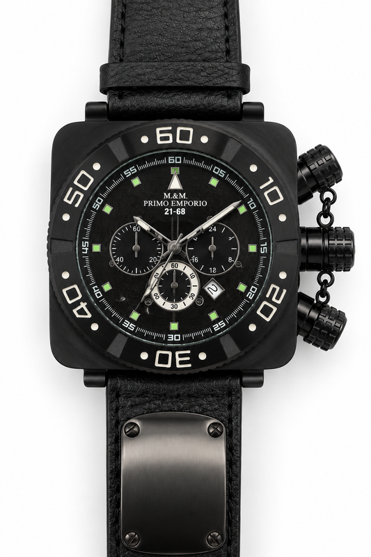 M.&M. Primo Emporio 21-68 — Cronografo Uomo Cassa Quadrata Maxi PVD Nero | Quadrante Nero o Bianco