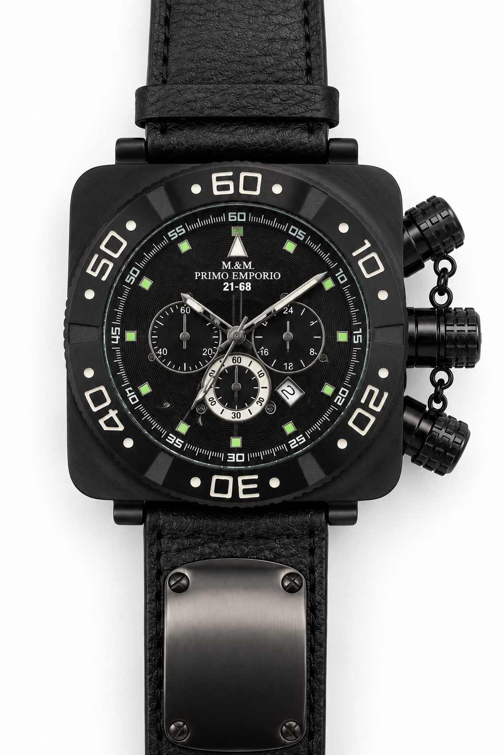 M.&M. Primo Emporio 21-68 cronografo uomo total black PVD cassa quadrata maxi bezel tachimetrico lume verde doppia corona catenella cinturino pelle rivetti