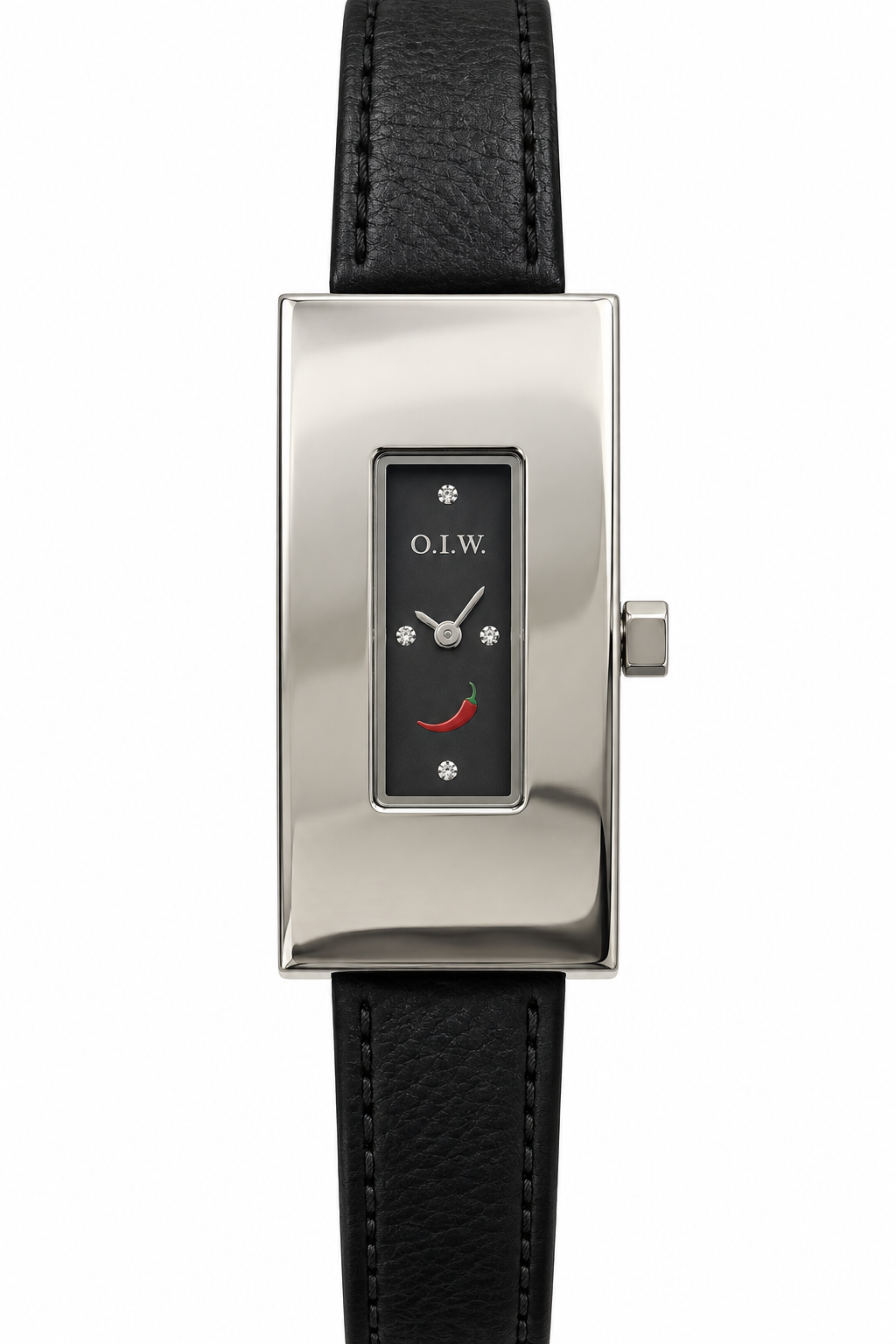 O.I.W. Officine Italiane Watch Donna Rettangolare Slim Acciaio Quadrante Nero Strass Pelle Nera