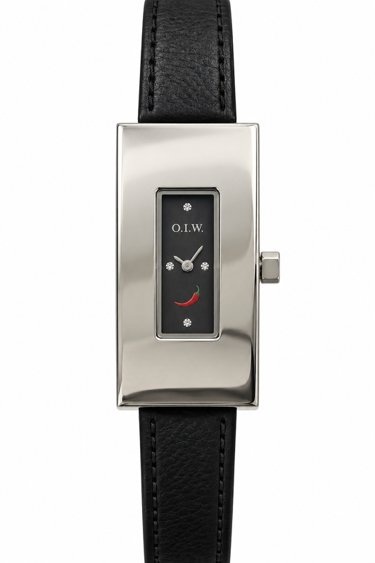 O.I.W. Officine Italiane Watch Donna Rettangolare Slim Acciaio Quadrante Nero Strass Pelle Nera