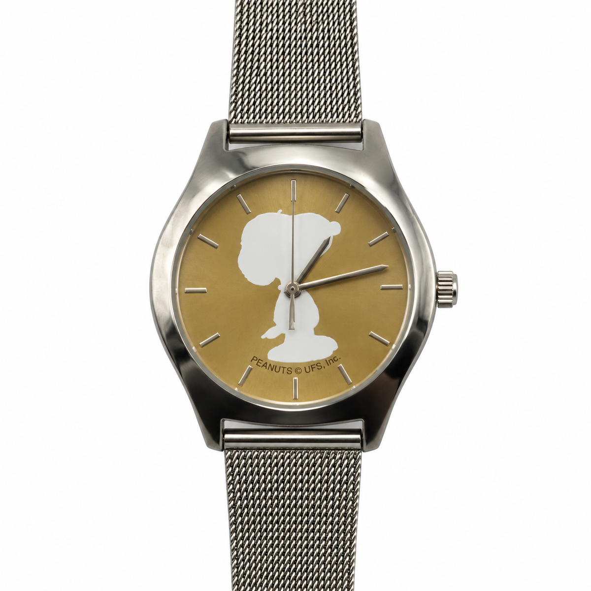 Orologio Snoopy Peanuts con silhouette sul quadrante e bracciale a maglia milanese in acciaio