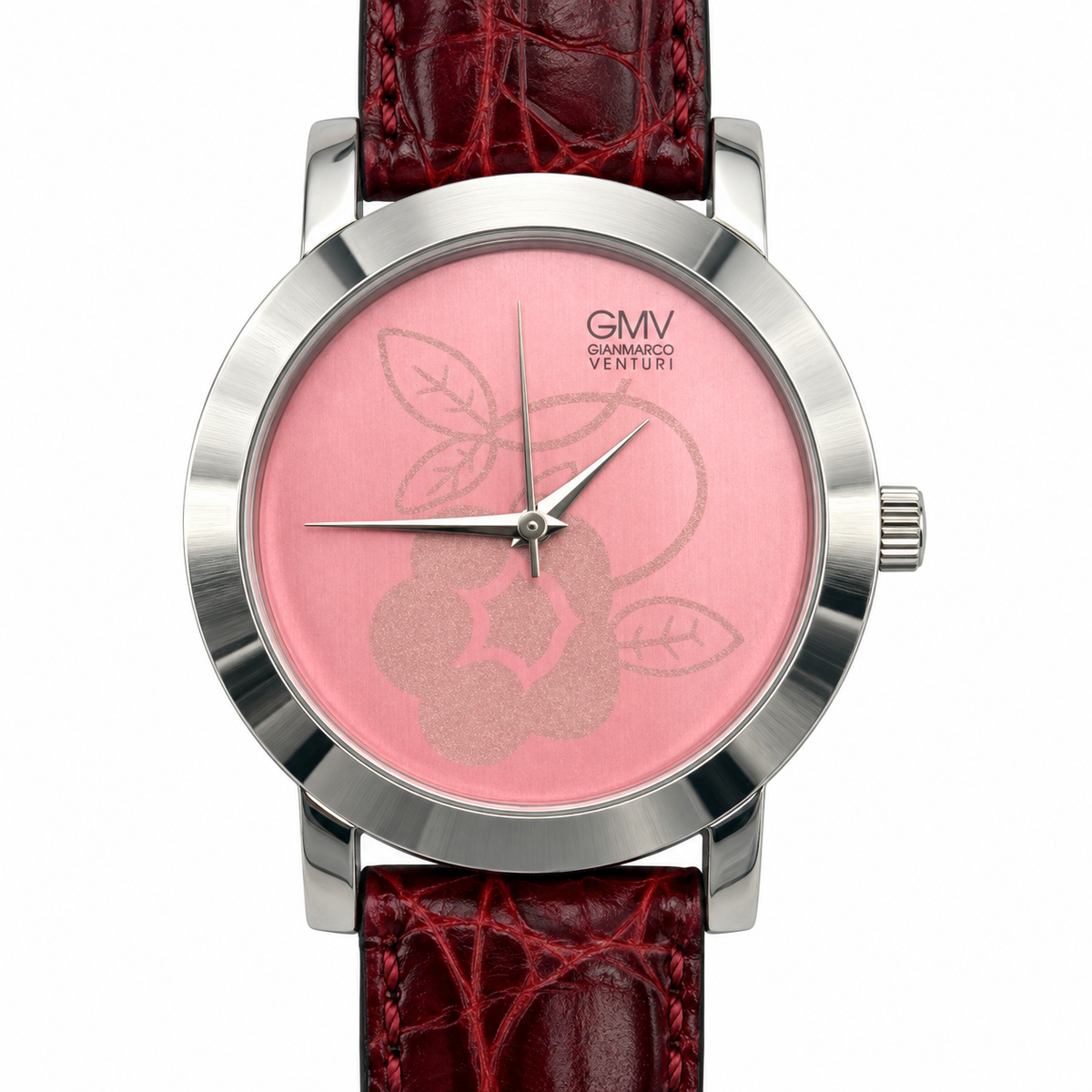 Orologio GMV Gianmarco Venturi con quadrante rosa a motivo floreale, cassa tonda argentata e cinturino bordeaux effetto coccodrillo