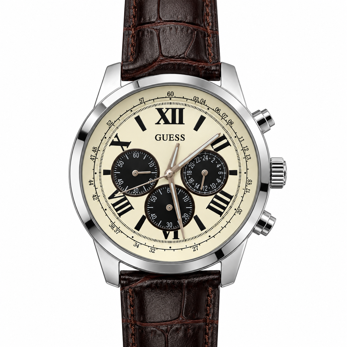 Orologio Guess con quadrante crema, contatori neri e cinturino in pelle marrone
