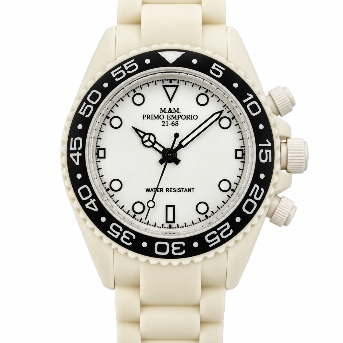 Orologio M&M Primo Emporio 21-68 bianco avorio con ghiera nera, vista frontale