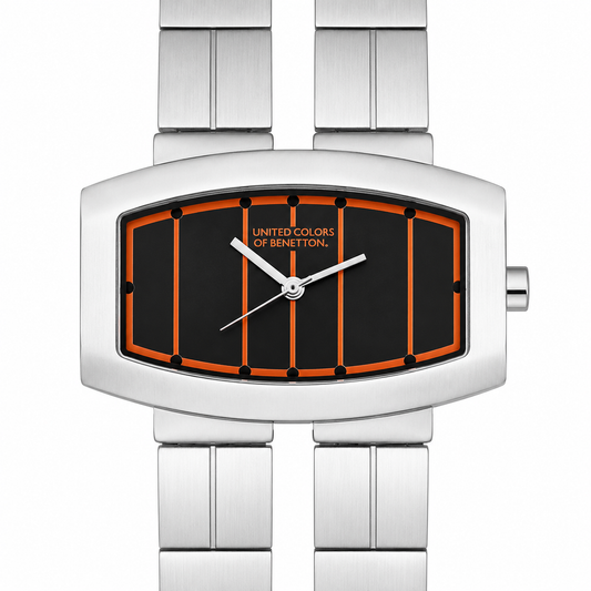 Orologio United Colors of Benetton Design Tonneau - Quadrante Nero con Righe Arancioni e Bracciale in Acciaio
