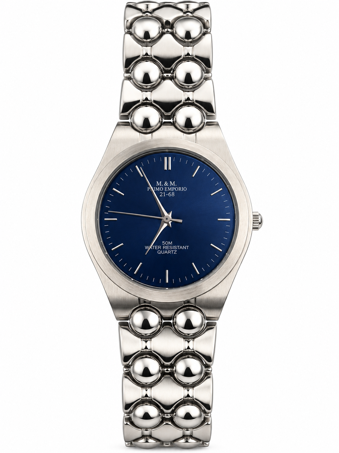 Orologio M&M Primo Emporio 21-68 argentato con quadrante blu e bracciale a maglie bombate
