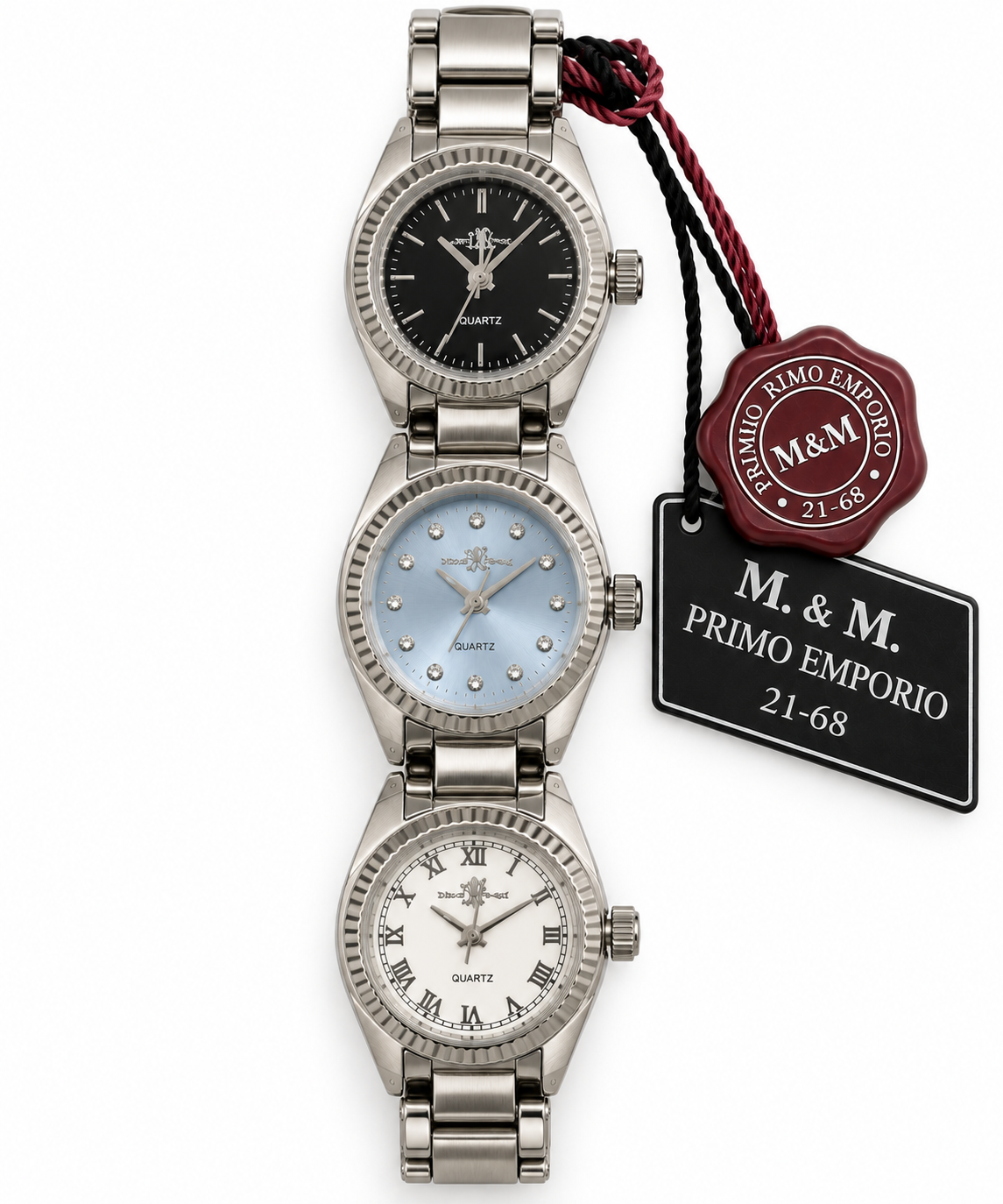 M.&M. Primo Emporio 21-68 — Bracciale Donna Tre Orologi Quarzo Acciaio | Nero, Azzurro, Bianco