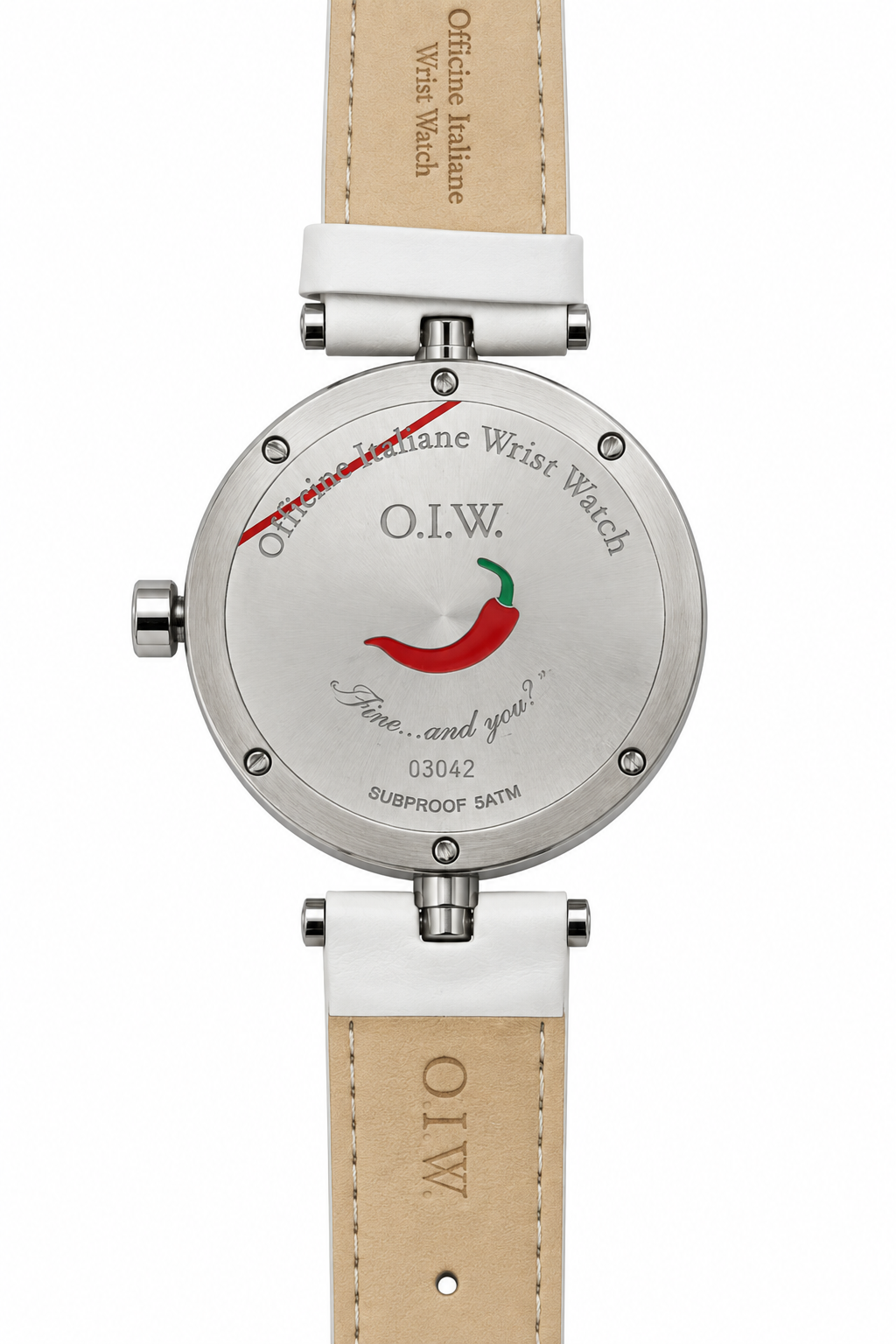 O.I.W. — Orologio Oblò Quadrante Dipinto Scena Portuale Mediterranea Cinturino Gomma Bianco