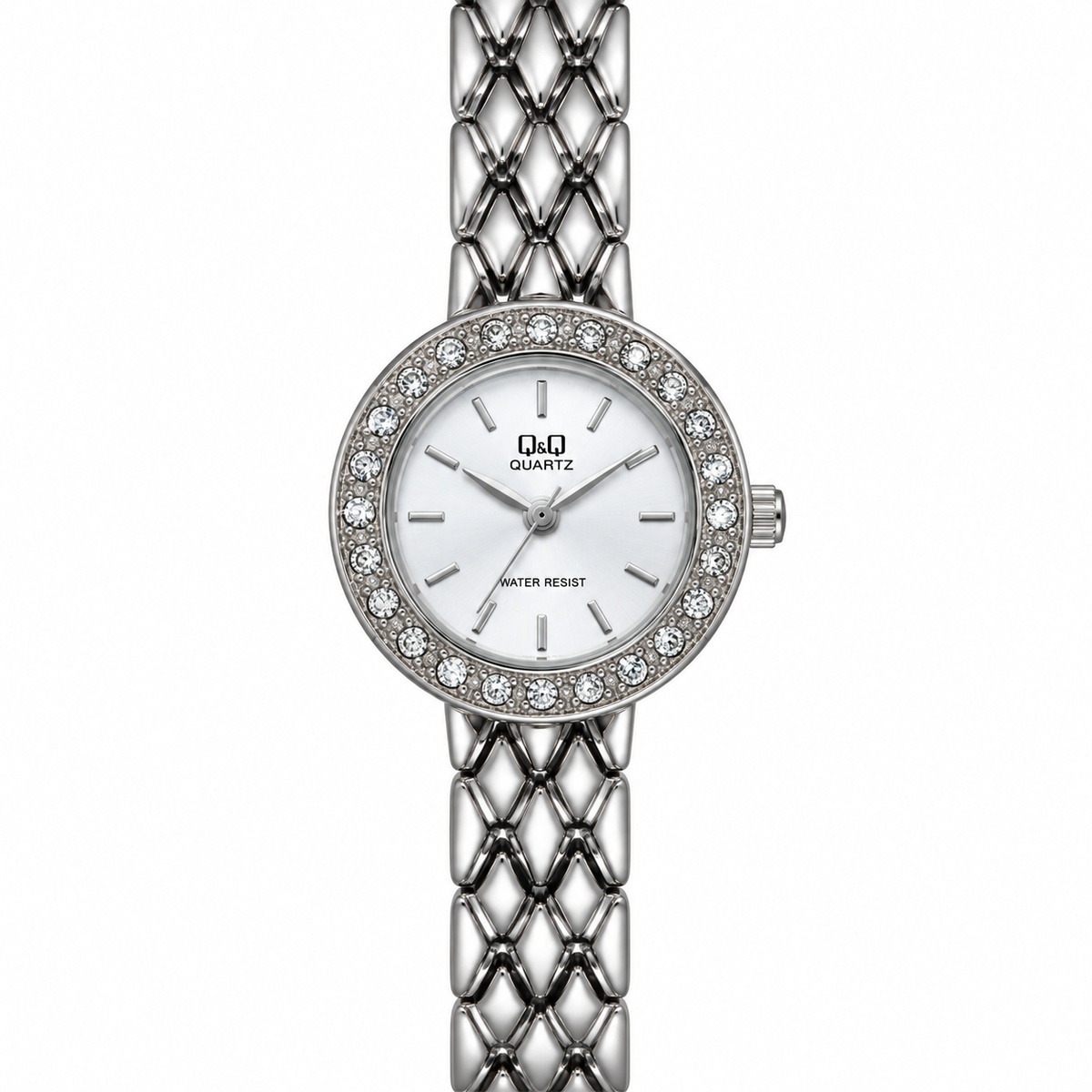 Orologio Q&Q da donna in acciaio con ghiera di strass e quadrante bianco