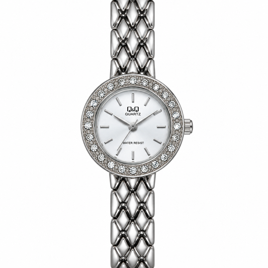 Orologio Q&Q da donna in acciaio con ghiera di strass e quadrante bianco